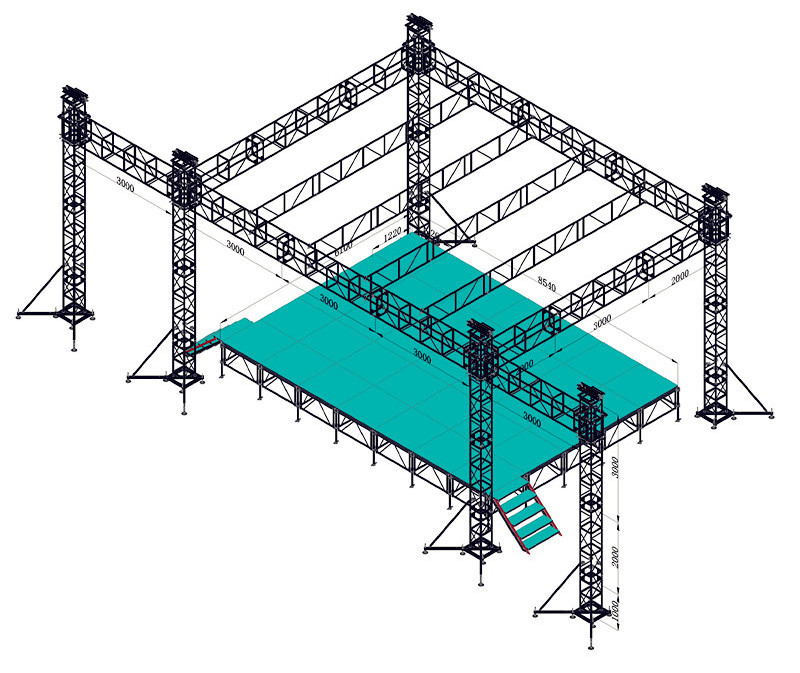 Aluminium stage with full roof cover trussing system