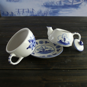 Delft ceramic blue and white europe style teapot with cup and saucer