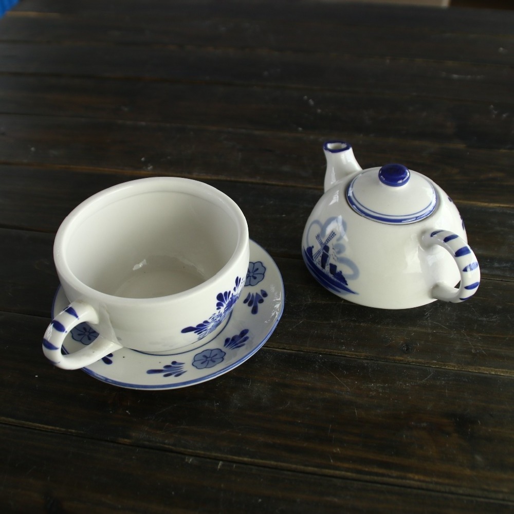 Delft ceramic blue and white europe style teapot with cup and saucer