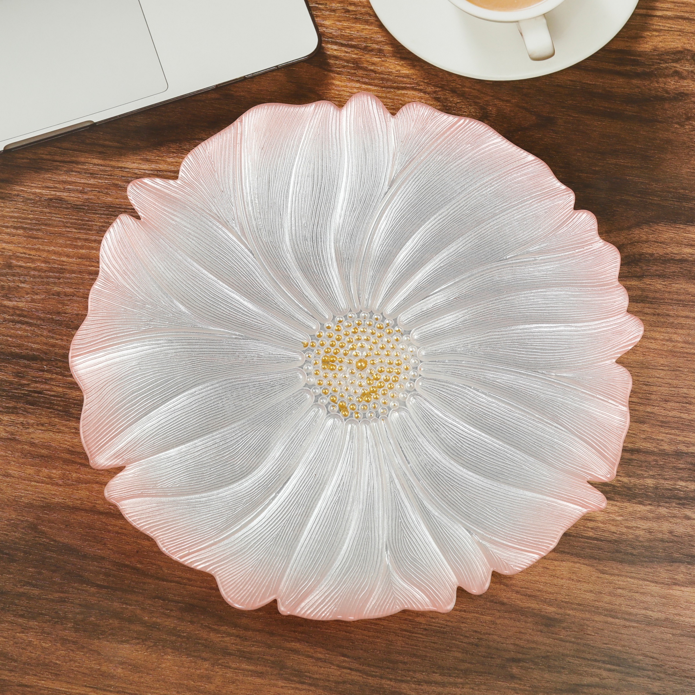 13inch Wholesale pearl whiteSunflower Charger Glass Plate for Event Party and Banquet Dining