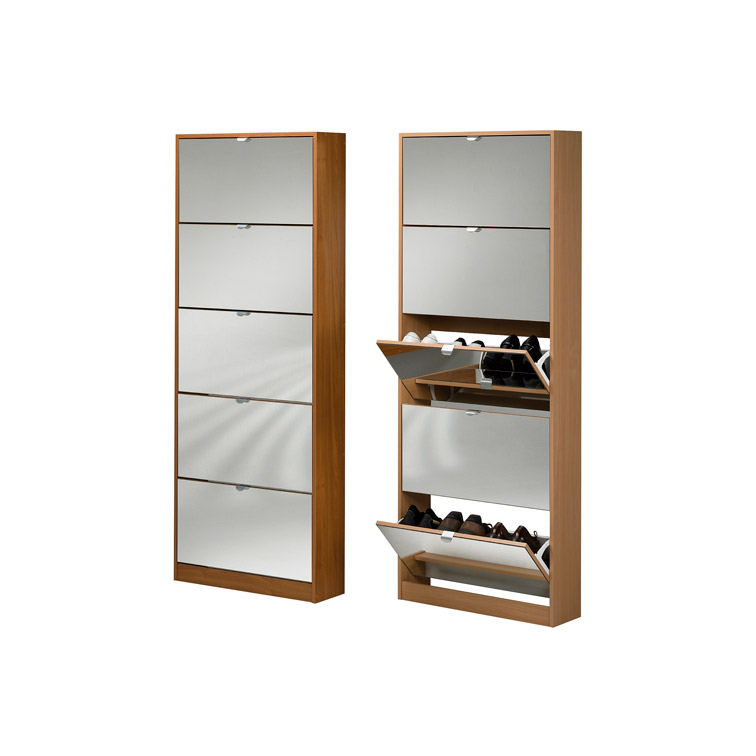 Home Modern New Thin Flip Wooden Walnut Closed 3 Door Shoes Rack Organizer Storage Box Cabinet With Mirror