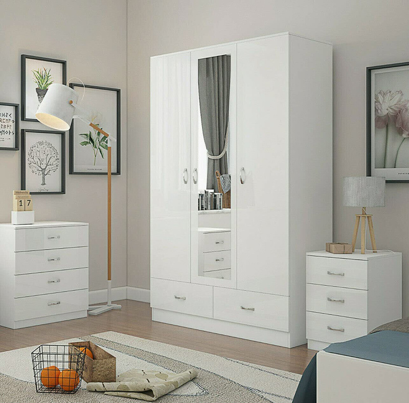 2020 Cheap Small Simple Mirrored Bedroom Melamine Wood 3 Door Wardrobe  Set Design With Lock And Key