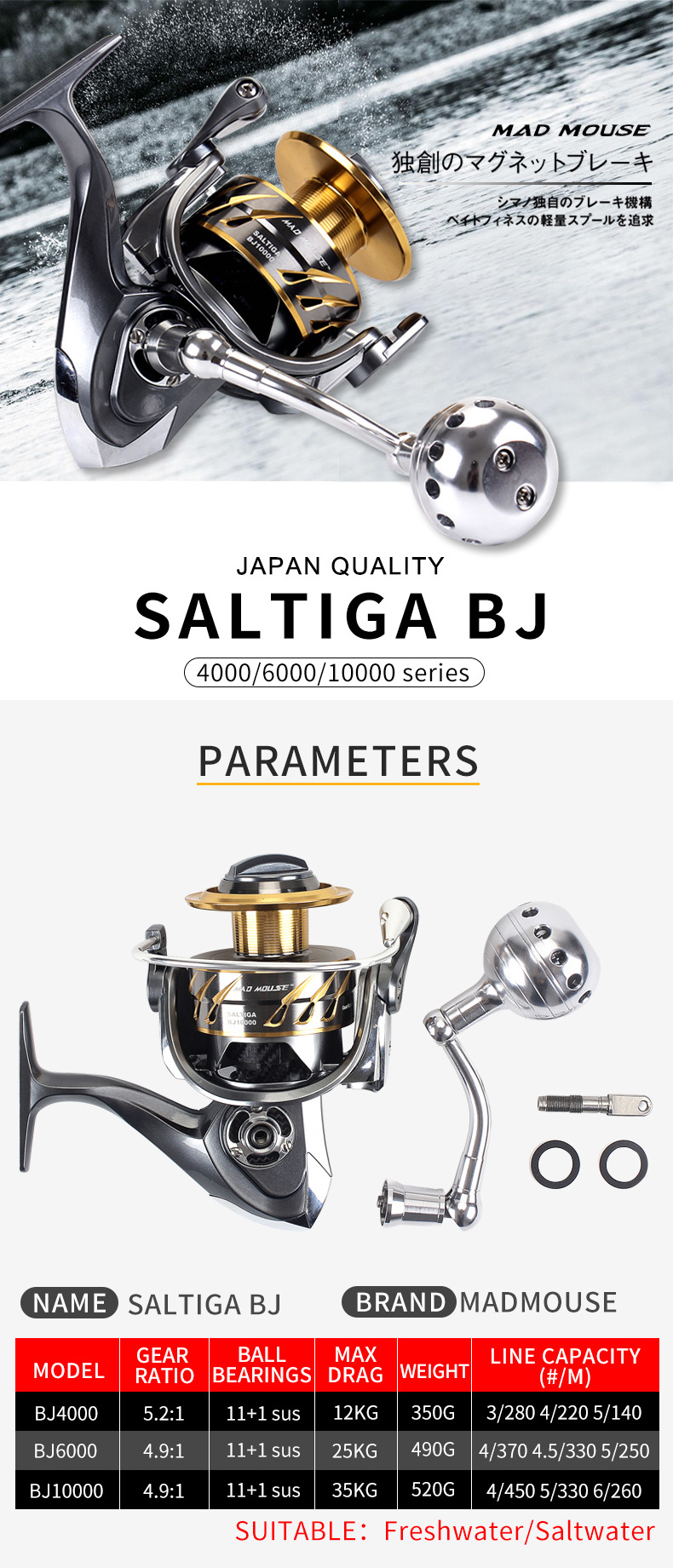 MADMOUSE SALTIGA BJ 4000 /6000/10000 Spinning Jigging Reel 11+1BB 35kg Drag Power Spinning Reel Boat Fishing Reels