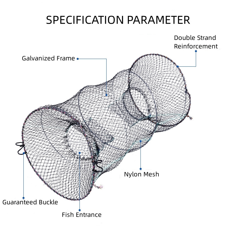 Large Mesh Crab Cage Spring Round Telescopic 6 Strands with Knotted Net Foldable Fishing Net