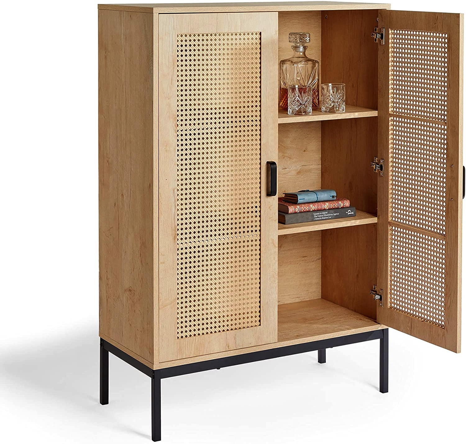 Tall Sideboard Cabinet Rattan - 2 Door, 3 Drawer with Black Metal Handles - Bookshelf, Shelving Vinyl Cupboard Unit, Drinks Cabi