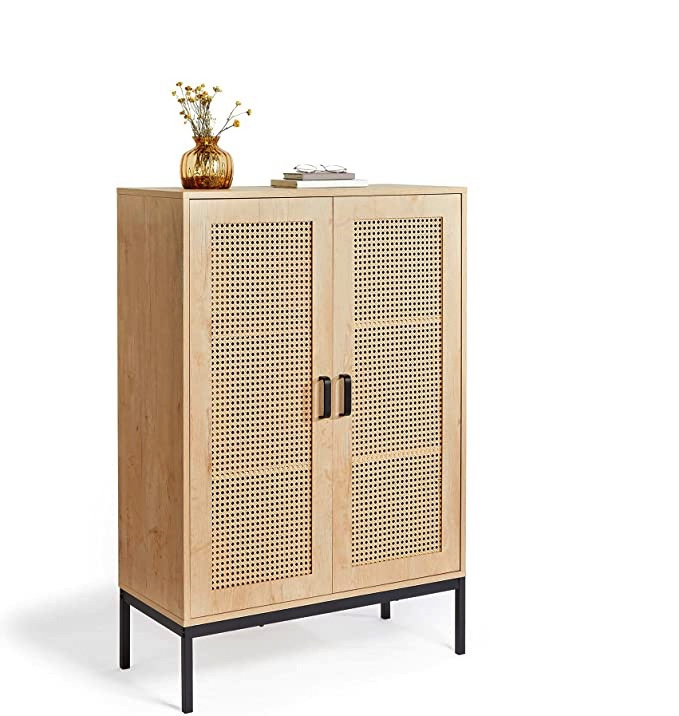 Tall Sideboard Cabinet Rattan - 2 Door, 3 Drawer with Black Metal Handles - Bookshelf, Shelving Vinyl Cupboard Unit, Drinks Cabi