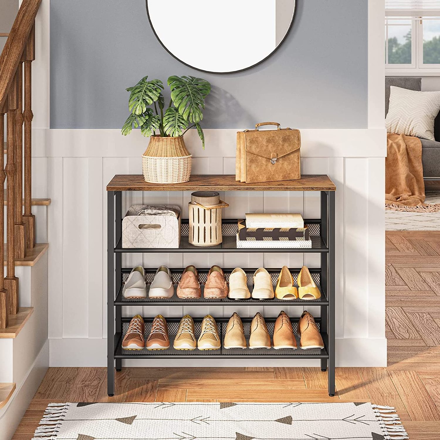 Industrial Shoe Rack 4-Tier Shoe Shelf Storage Organizer Unit with 3 Mesh Shelves