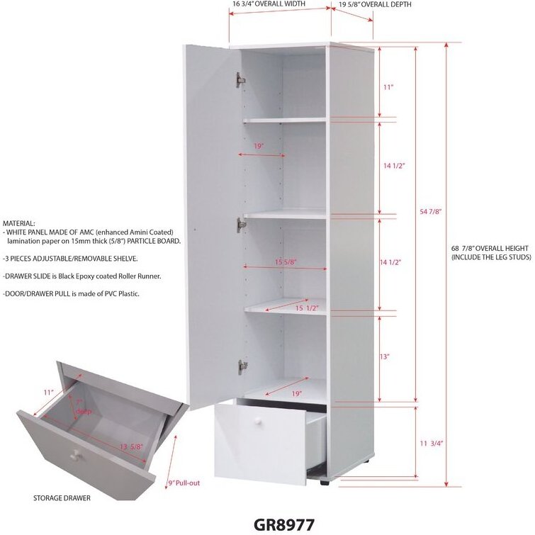 Easy Focus On Space Saving Design White Wooden Single Door Single Drawer Narrow Wardrobe