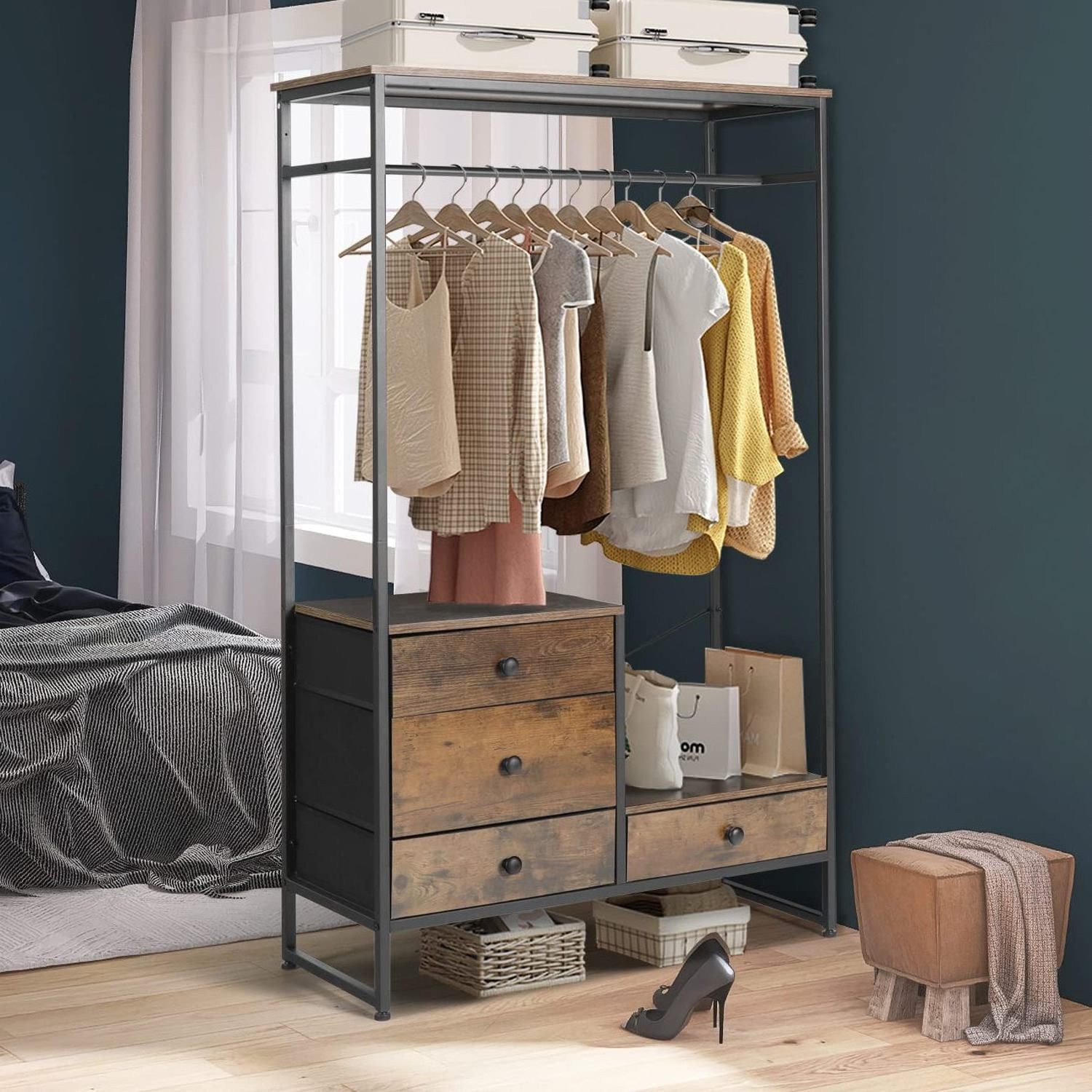 Free Standing Closet Organizer Heavy Duty Garment Rack with 4 Drawers Simple Design of Shoe Storage and Wardrobe