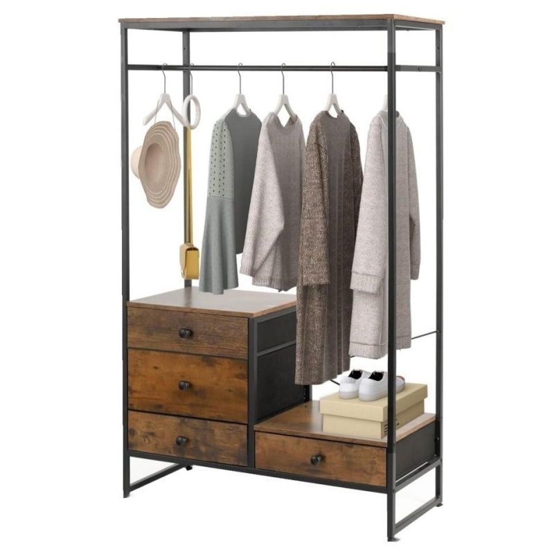 Free Standing Closet Organizer Heavy Duty Garment Rack with 4 Drawers Simple Design of Shoe Storage and Wardrobe