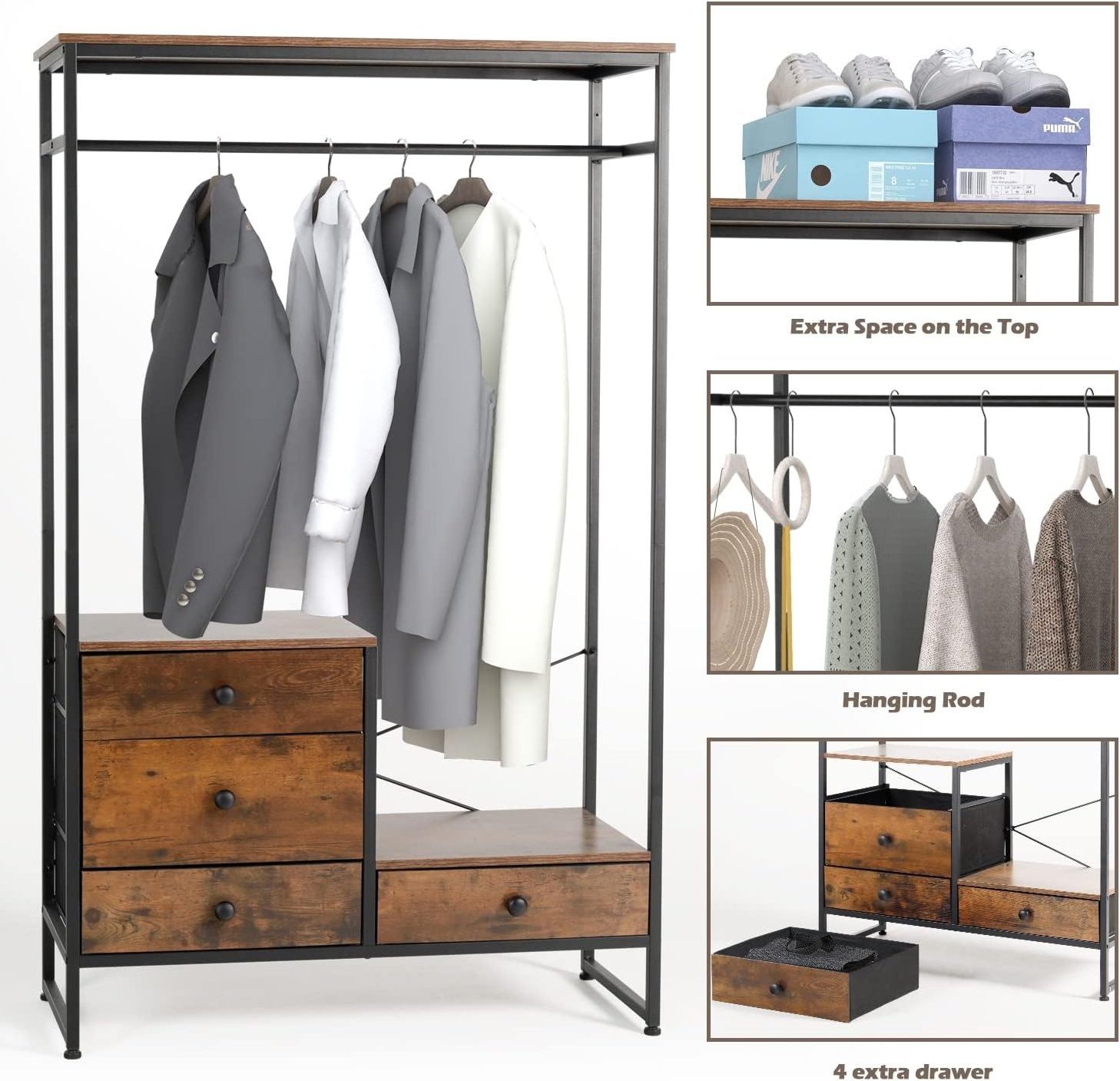 Free Standing Closet Organizer Heavy Duty Garment Rack with 4 Drawers Simple Design of Shoe Storage and Wardrobe