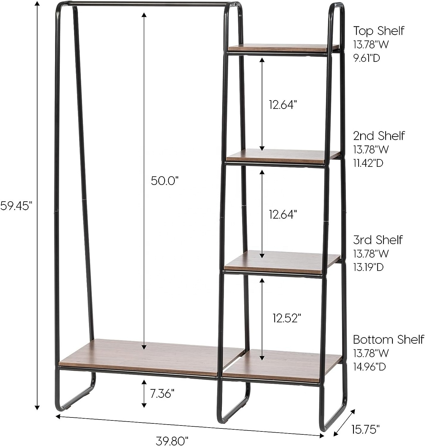 Clothes Rack with 4 Wood Shelves, Easy to Assemble Garment Rack, Standing Metal Sturdy, Small Space Clothes shelf