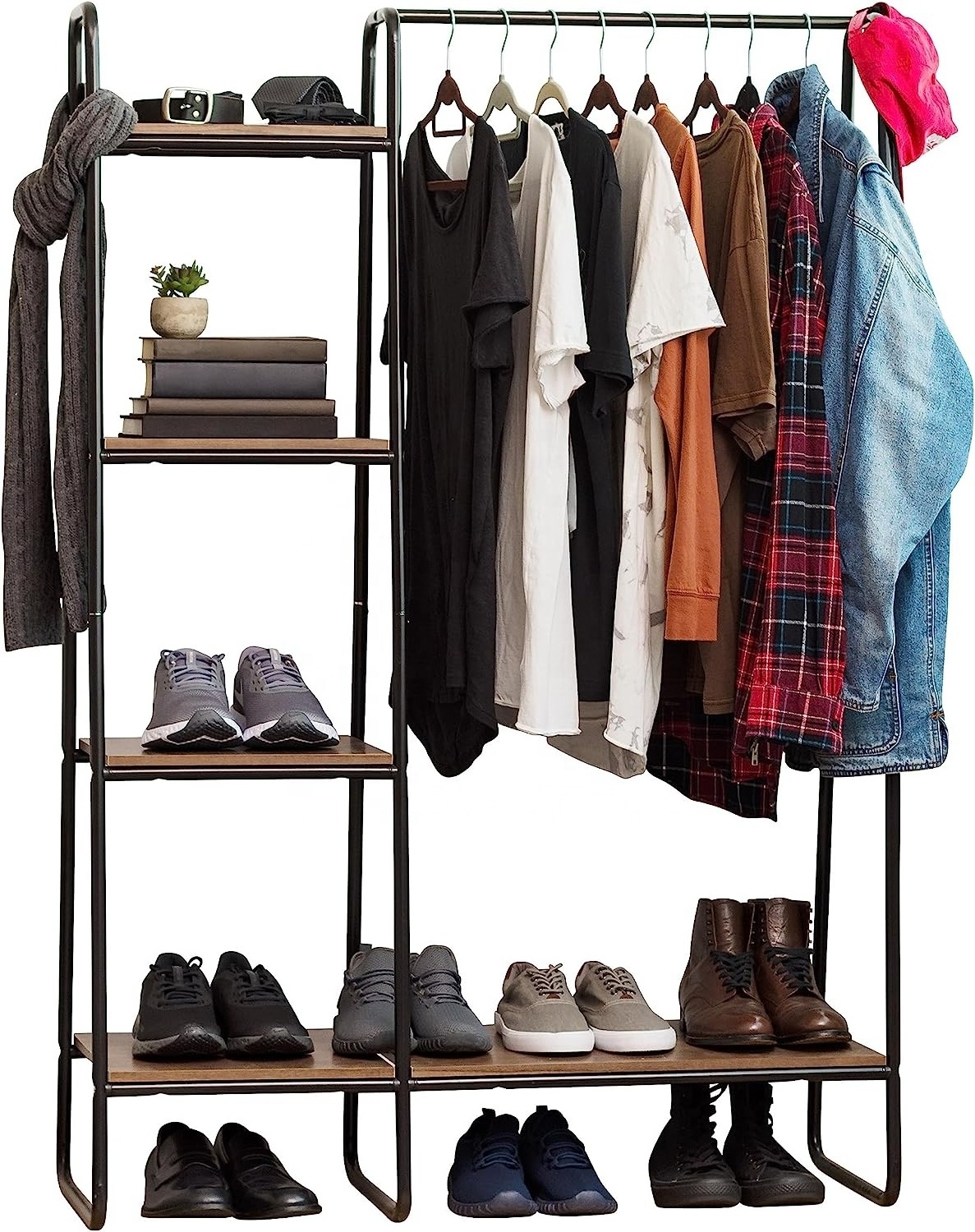 Clothes Rack with 4 Wood Shelves, Easy to Assemble Garment Rack, Standing Metal Sturdy, Small Space Clothes shelf