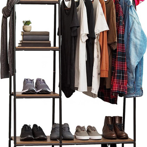 Clothes Rack with 4 Wood Shelves, Easy to Assemble Garment Rack, Standing Metal Sturdy, Small Space Clothes shelf