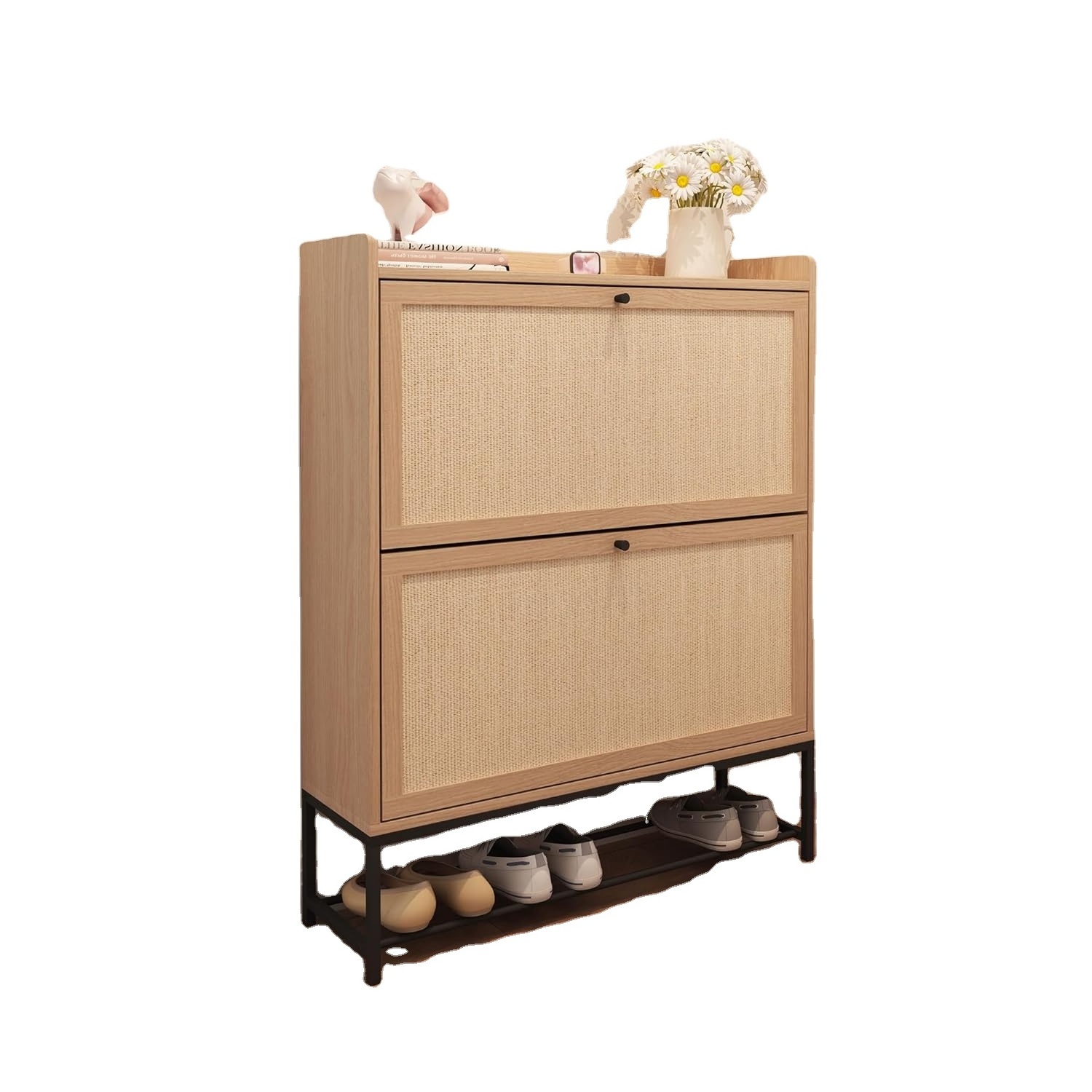 Freestanding Shoe Cabinet with 2 Flip Drawers - Modern Narrow Organizer for Hallway, Bedroom, and Entryway (Natural) Bran