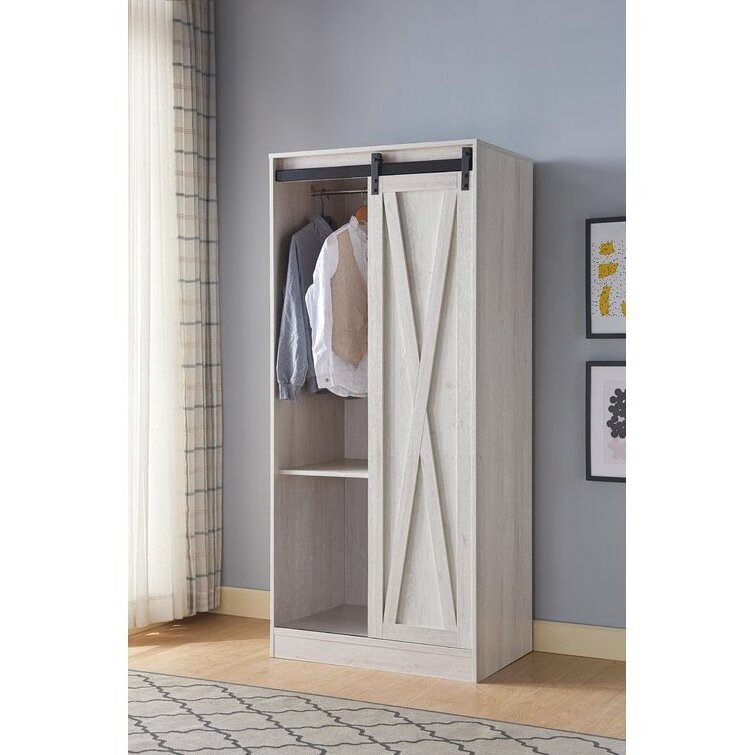 Modern Pastoral Style Single Sliding Barn Door Design Hanging Garment Bar And Six Shelves Sliding Door Wardrobe Armoire