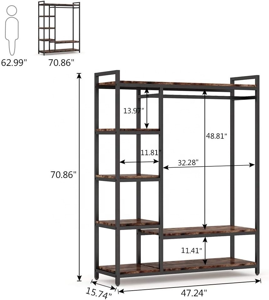 Free-Standing Closet Organizer,  Portable Garment Rack with 6 Shelves and Hanging Rod, Black Metal Frame&Rustic Board Finish