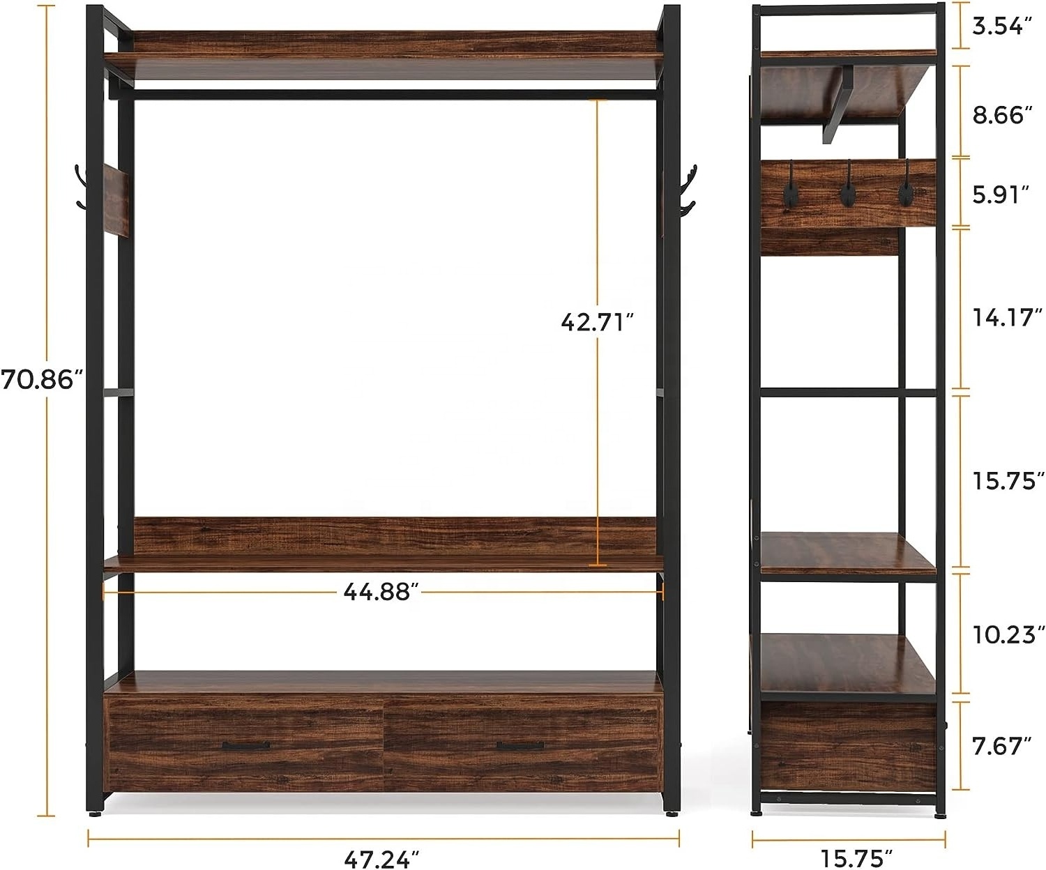 Freestanding Clothes Rack Shelves Organizer with Shelves Drawers and Hooks,  Clothing Storage Shelves with Hanging Rod wardrobes