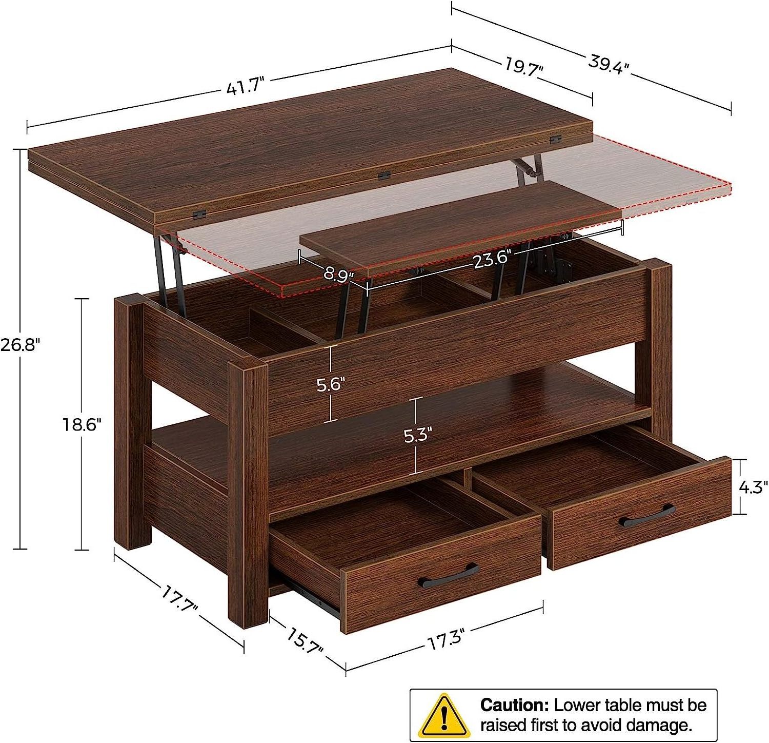 Coffee Table Lift Top, Multi-Function Convertible Coffee Table with Drawers and Hidden Compartment,  Converts to Dining Table