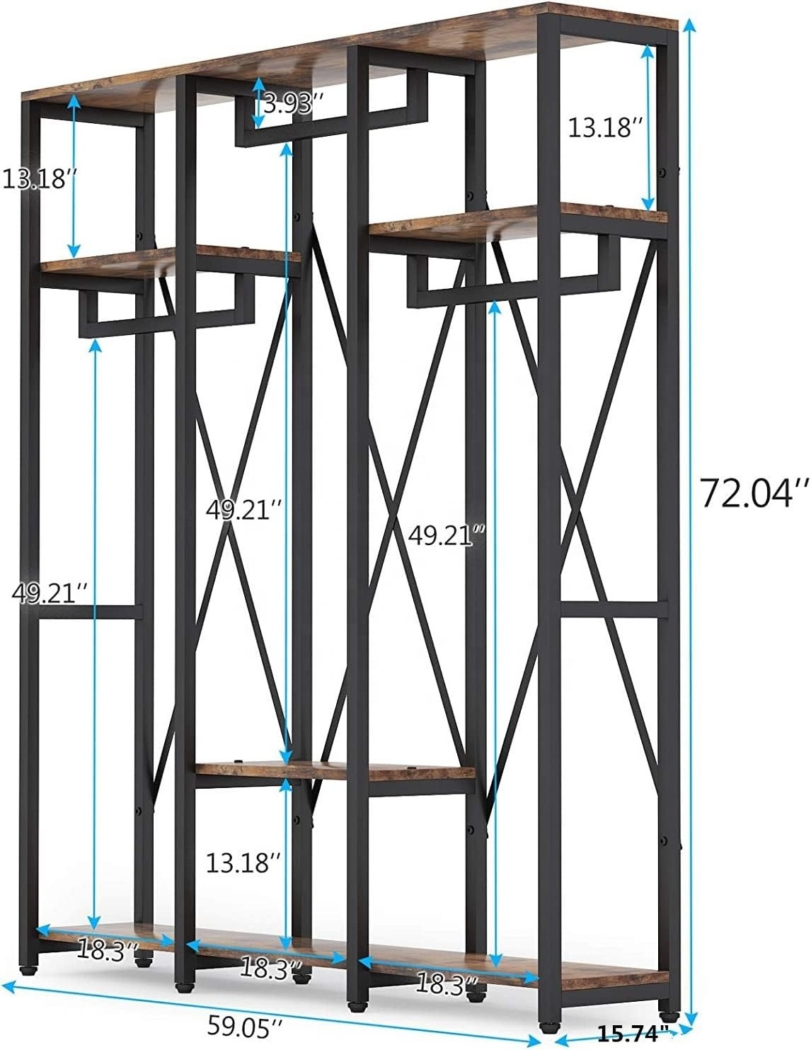 Industrial Style Closet Organizer with 3 Rod Garment Rack and 4-Tier Storage Shelf, Shoe Shelves of Wardrobes