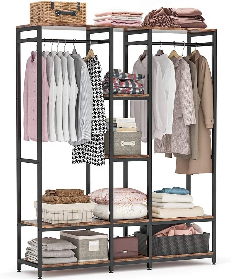 Double Rod Free Standing Closet Organizer,Heavy Duty Closet Storage with Shelves, Extra Large Wardrobe Garment Rack