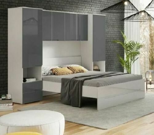 Pride Grey High Gloss Over head Bridge fitment Bed Storage Unit Combination Wall Unit Wardrobe