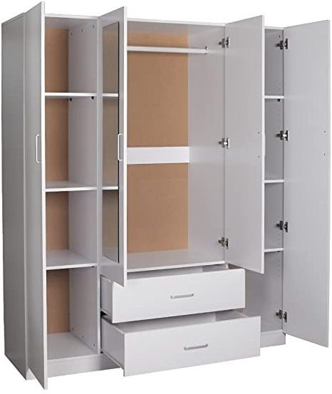 EASY 4 Doors 2 Drawers Big Size Wardrobe/Cupboard with Mirror - (Black/White) (White)