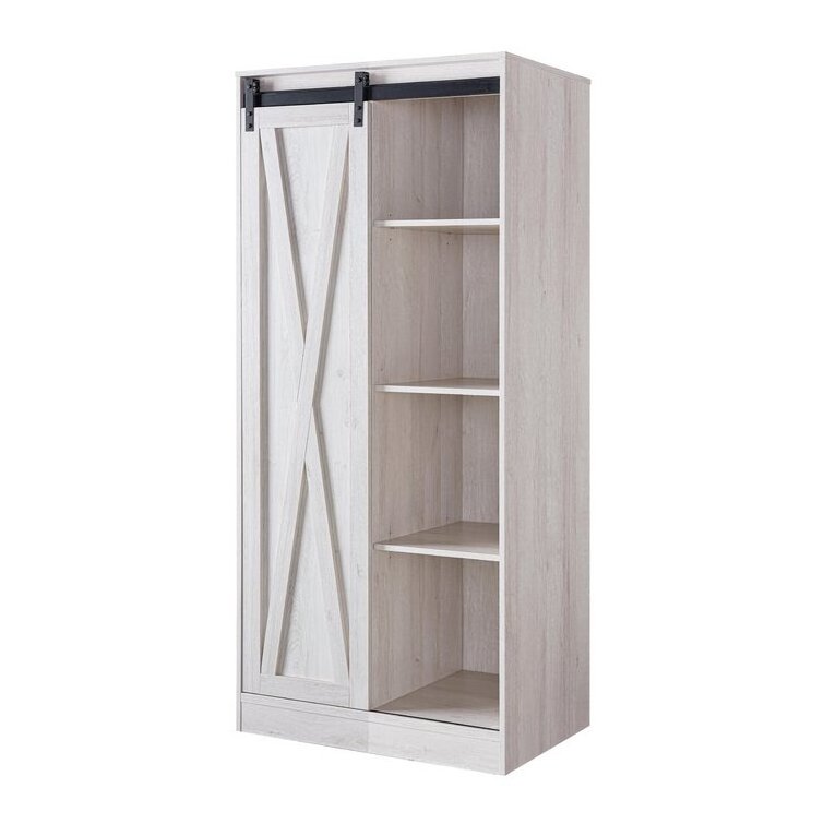 Modern Pastoral Style Single Sliding Barn Door Design Hanging Garment Bar And Six Shelves Sliding Door Wardrobe Armoire