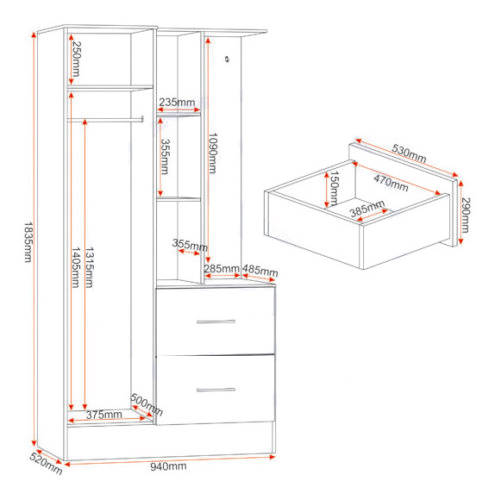 2022 new design single mirrored front door  open shelving on the right and drawers below Open Shelf Wardrobe