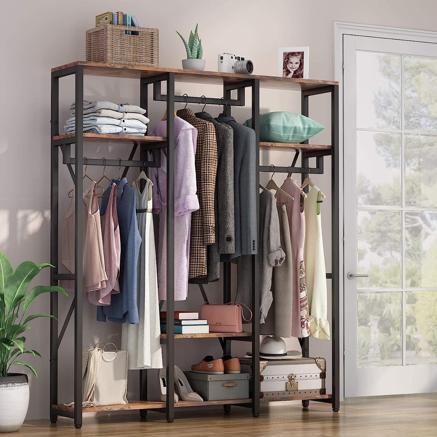 Industrial Style Closet Organizer with 3 Rod Garment Rack and 4-Tier Storage Shelf, Shoe Shelves of Wardrobes