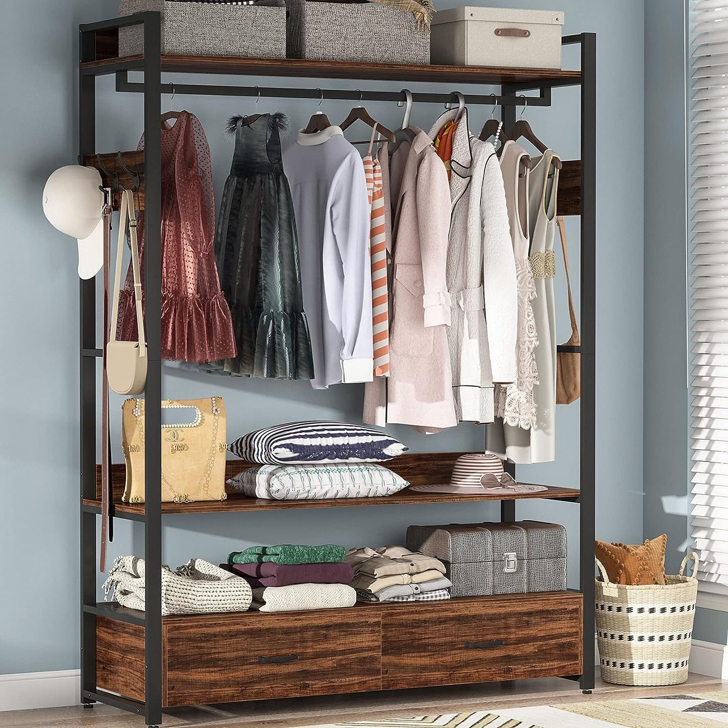 Freestanding Clothes Rack Shelves Organizer with Shelves Drawers and Hooks,  Clothing Storage Shelves with Hanging Rod wardrobes