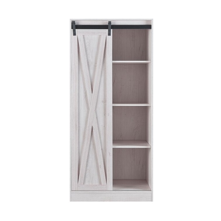 Modern Pastoral Style Single Sliding Barn Door Design Hanging Garment Bar And Six Shelves Sliding Door Wardrobe Armoire