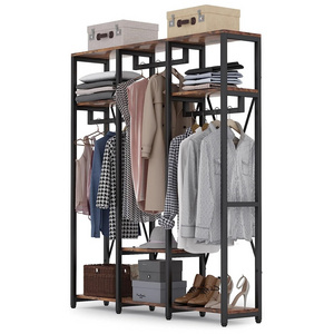 Industrial Style Closet Organizer with 3 Rod Garment Rack and 4-Tier Storage Shelf, Shoe Shelves of Wardrobes