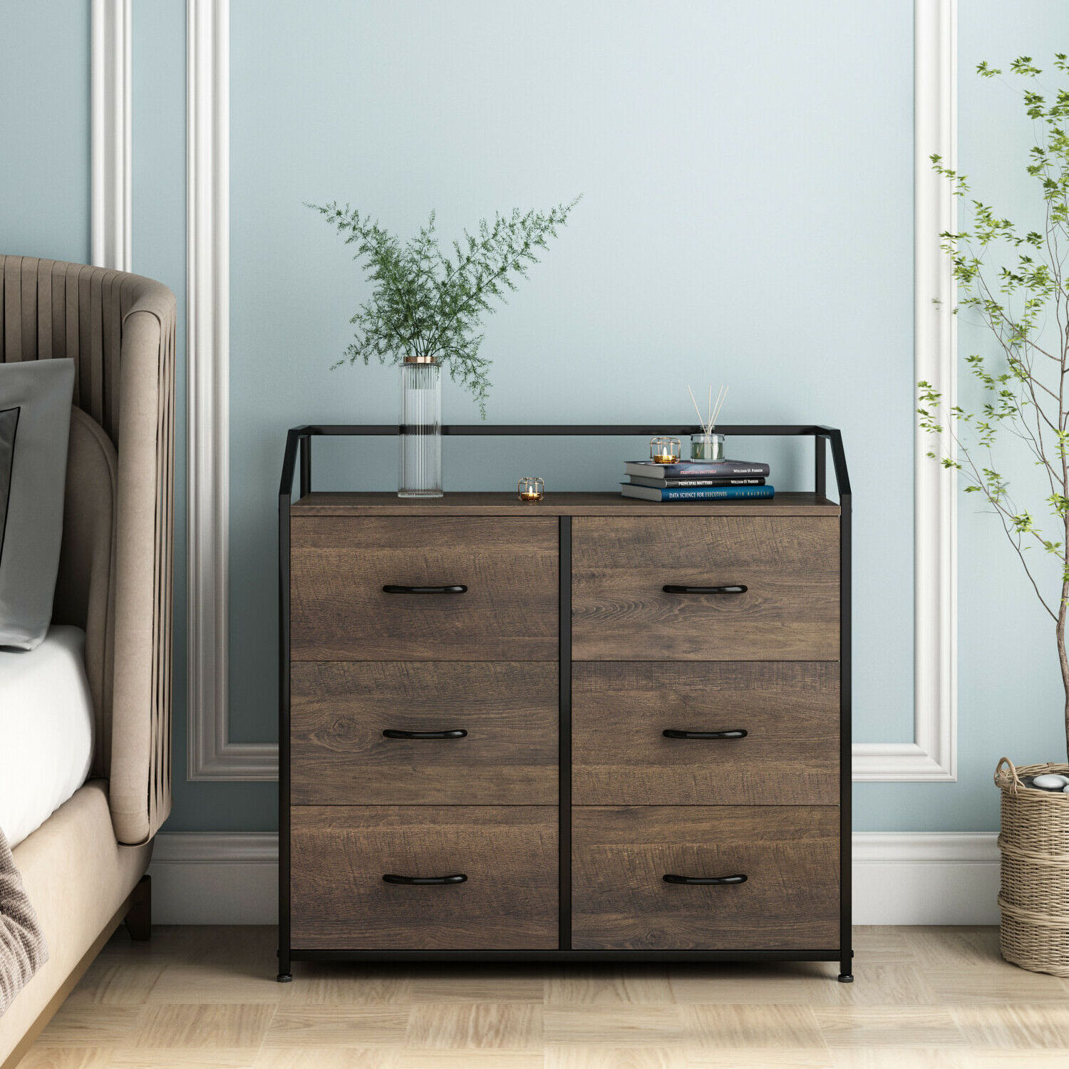 Chest of Drawers, Fabric Storage Drawers Dresser with Wood Top Bedroom Brown