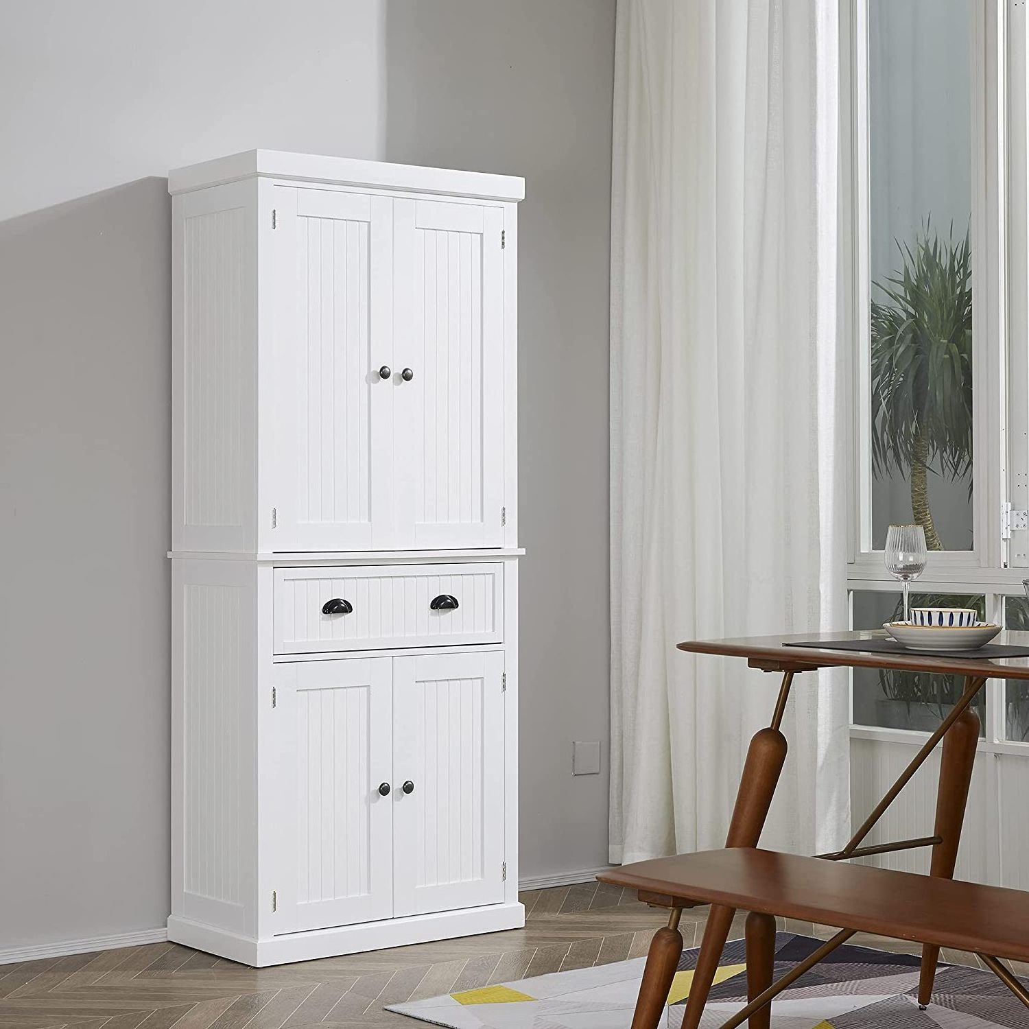 Traditional Freestanding Kitchen Pantry Cabinet Cupboard with Doors and 3 Adjustable Shelves White