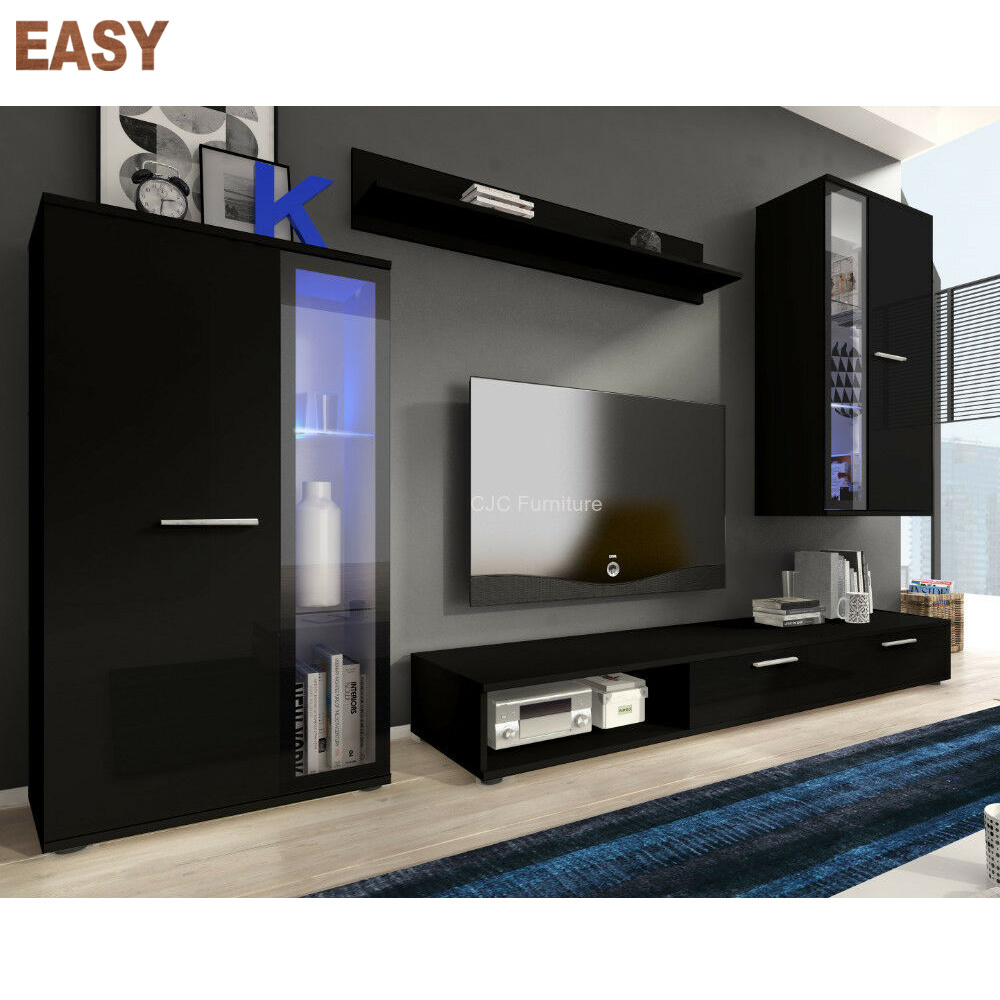 Living room furniture set black LED cupboard Tv unit cabinet stand shelf unit