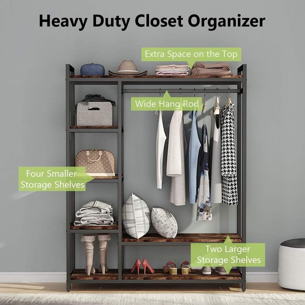 Free-Standing Closet Organizer,  Portable Garment Rack with 6 Shelves and Hanging Rod, Black Metal Frame&Rustic Board Finish