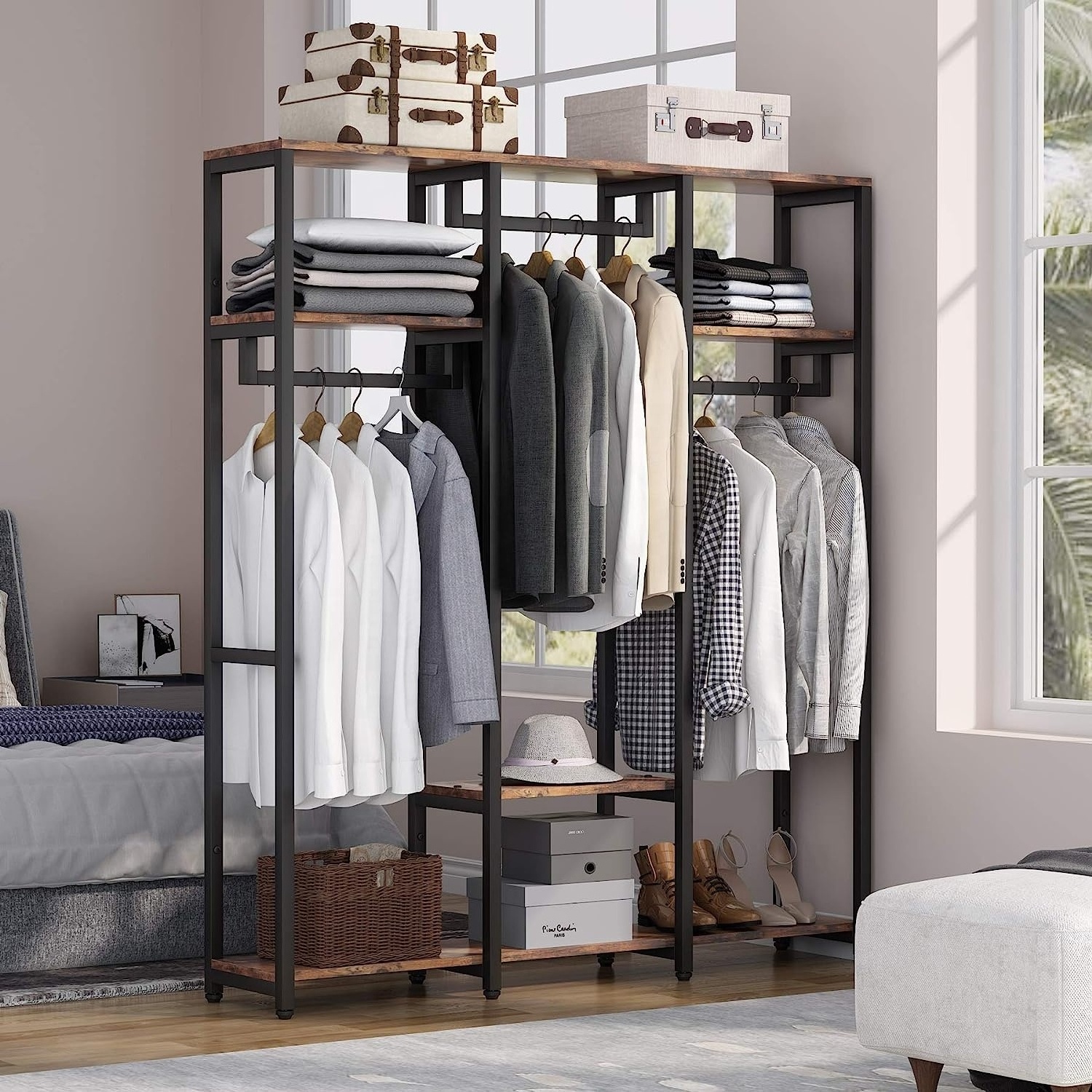 Industrial Style Closet Organizer with 3 Rod Garment Rack and 4-Tier Storage Shelf, Shoe Shelves of Wardrobes