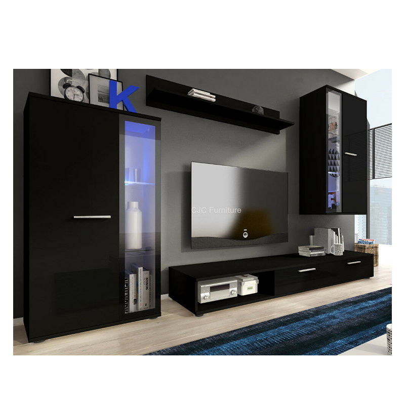 Living room furniture set black LED cupboard Tv unit cabinet stand shelf unit