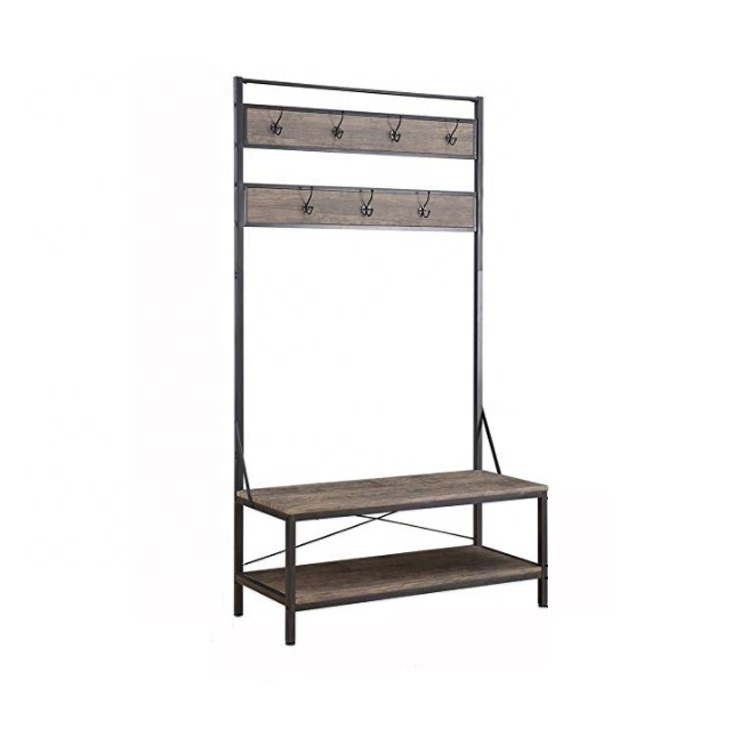 Metal mesh shelves and wood seat bench clothes stands shoe racks shoe display rack stand shelves