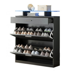 Black Led Glass top Freestanding Shoes Organizer Shoe Storage Racks Cabinet with drawer