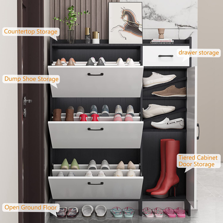 Large capacity hidden shoe storage cabinet free standing rack with Doors 3 Tier  for Entryway