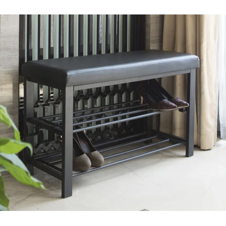 High quality adjustable space saver 3 tier metal small shoe rack bench leather seat aluminium