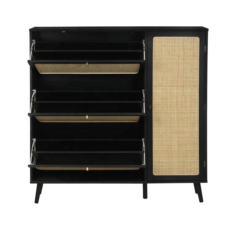 Black entrance luxury door wood 30 Pair rattan shoes storage shoe rack cabinet