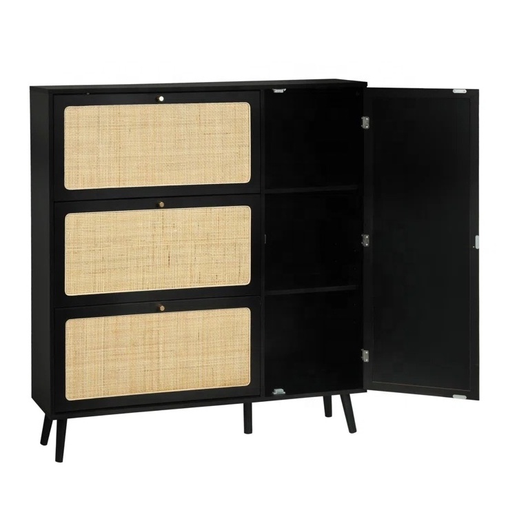 Black entrance luxury door wood 30 Pair rattan shoes storage shoe rack cabinet