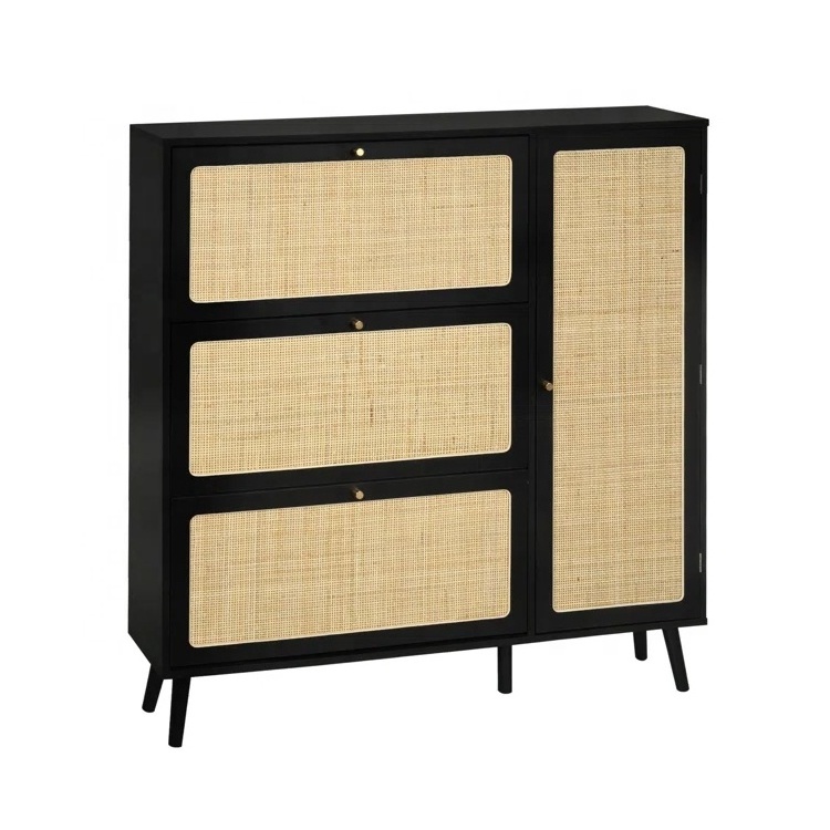 Black entrance luxury door wood 30 Pair rattan shoes storage shoe rack cabinet