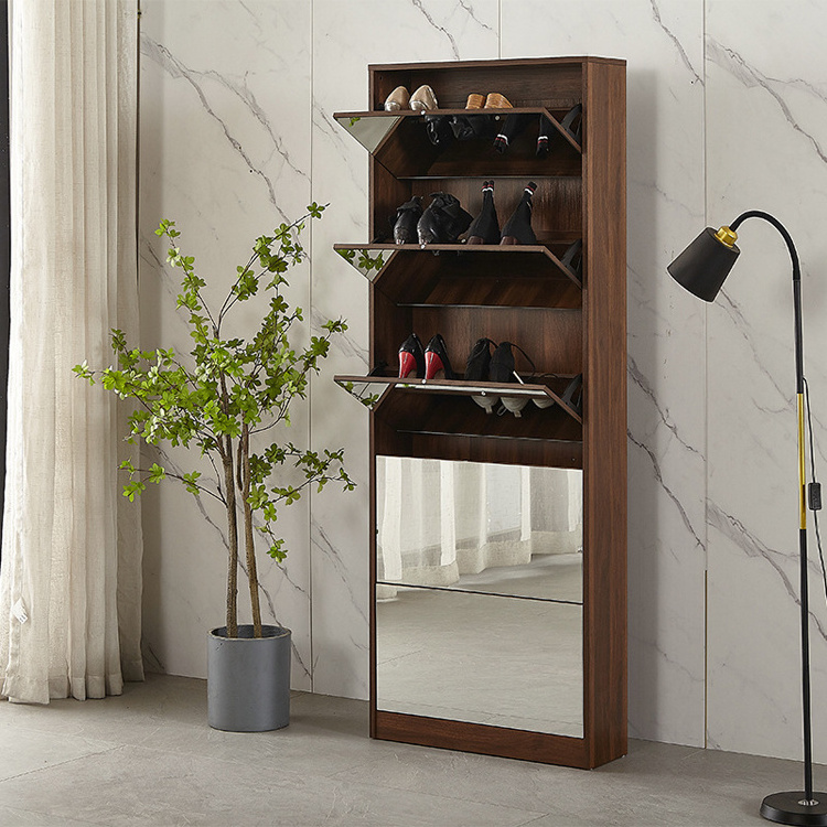 Modern wood nordic mirror slim shoe rack tall shoe cabinet with mirror for living room furniture