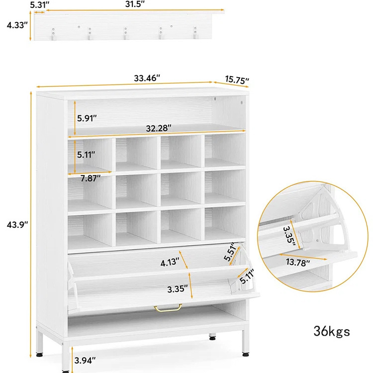 Hot selling White 18 pairs clothes stands shoe racks cabinet with cubbies and coat rack