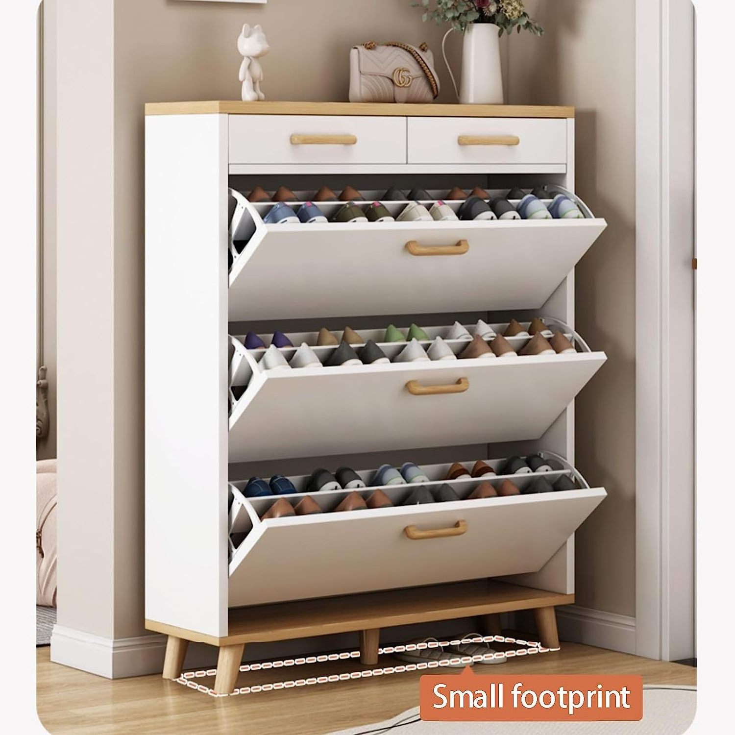 Modern slim entryway hidden shoe organizer shoe cabinet with doors and storage drawers and solid wooden legs