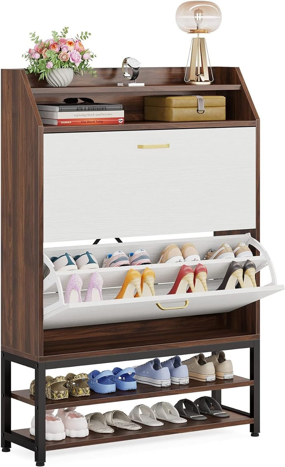 Freestanding Shoe Organizer for Entryway, Slim Shoe Storage Cabinet with 2 Flip Drawers & Open Storage Shelves